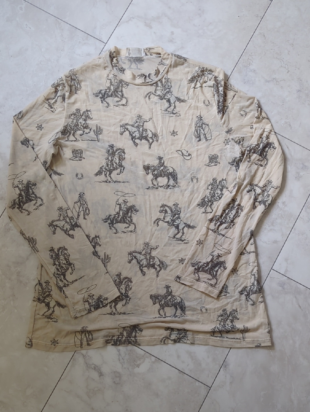 Women's Long-Sleeve Cowboy Print Tee - Cream/Black Sheer